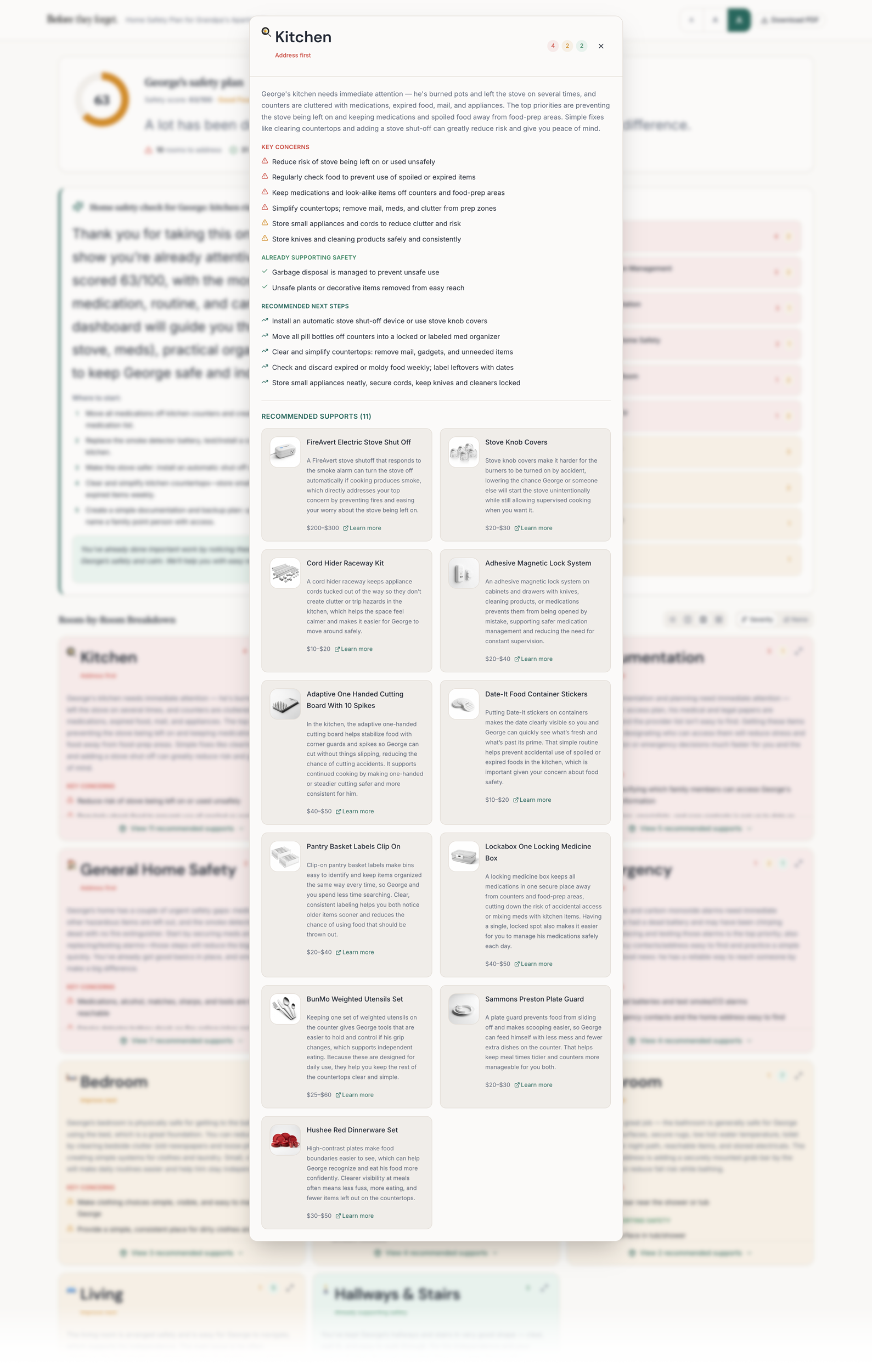 Before They Forget app — Kitchen safety assessment with personalized recommendations and product suggestions