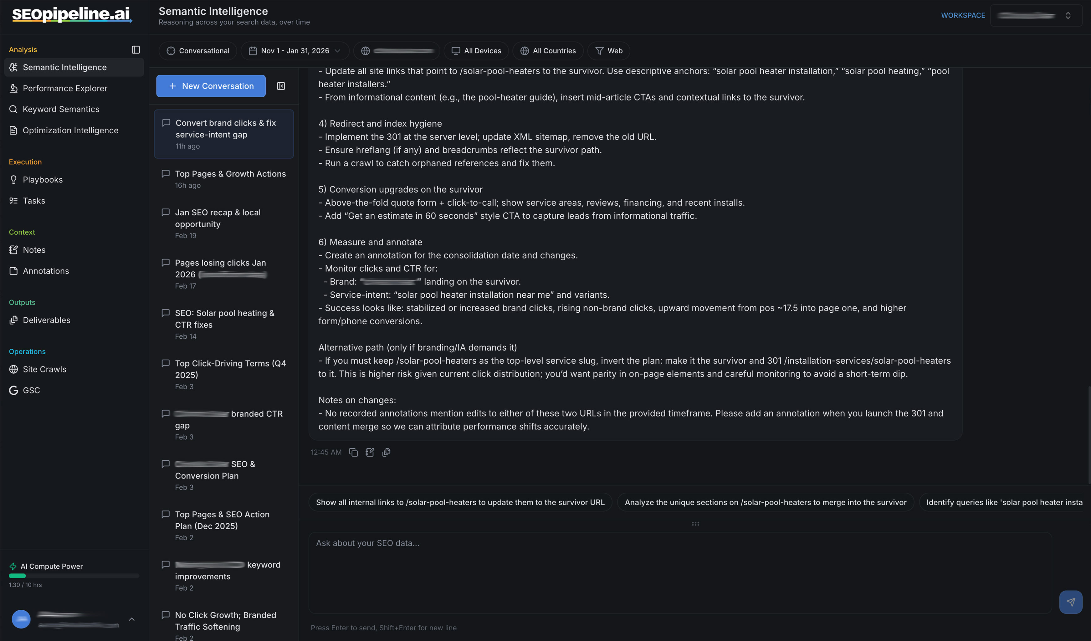 SEO Pipeline Semantic Intelligence interface — conversational SEO analysis with reasoning across search data