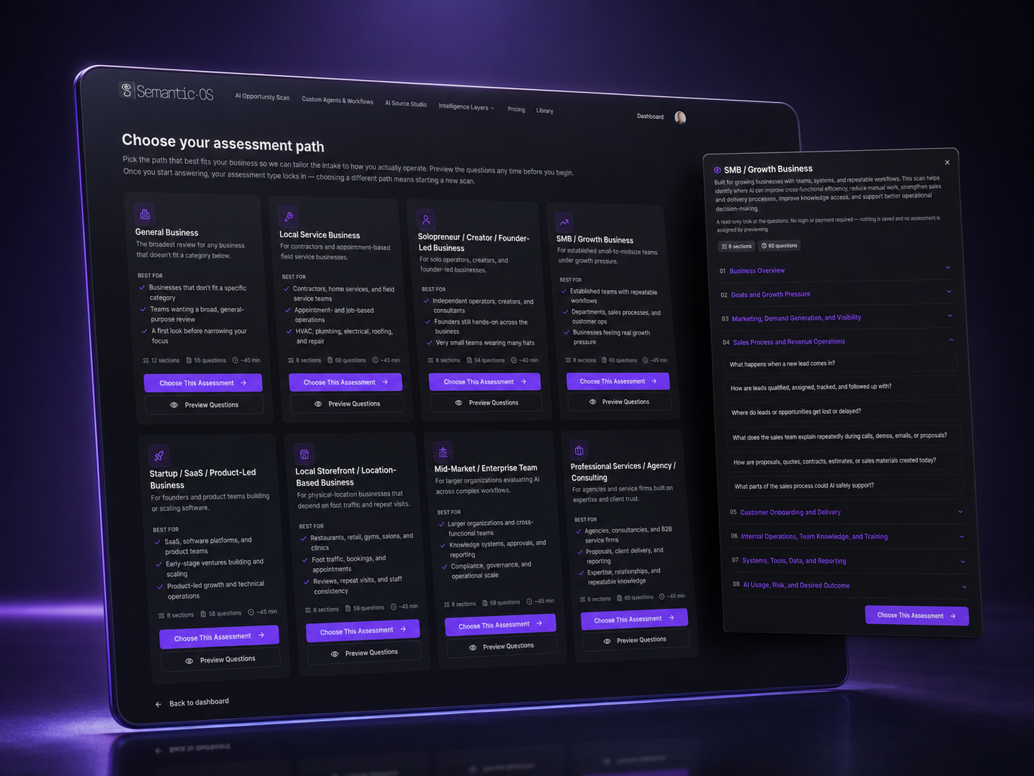 The AI Opportunity Scan product showing assessment paths, preview questions, and a structured intake flow
