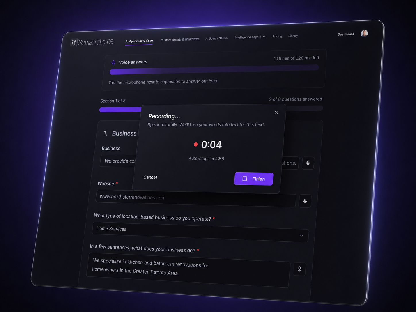 The AI Opportunity Scan structured intake interface showing guided questions, voice input, and autosave