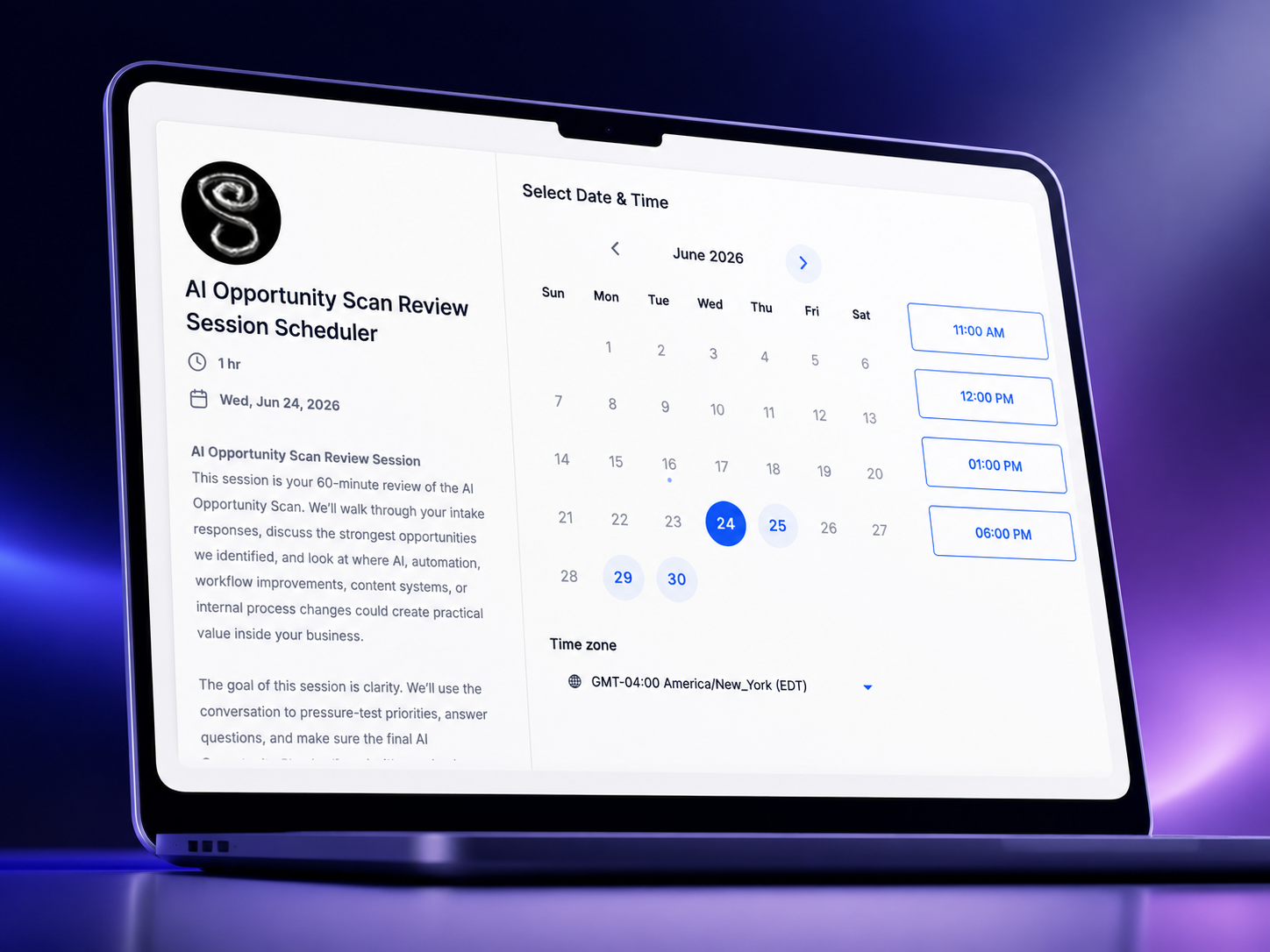 AI Opportunity Scan review session scheduler — pick a date and time to book your 60-minute review call
