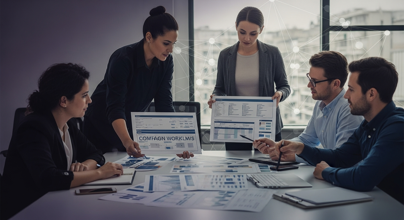 An agency strategist and small team reviewing campaign workflow boards, content systems, and reporting laid out on a table, with subtle intelligence-architecture overlays