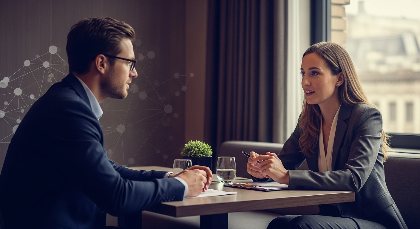 A coach and client in a calm one-on-one business conversation focused on a clear decision, with subtle intelligence-architecture overlays