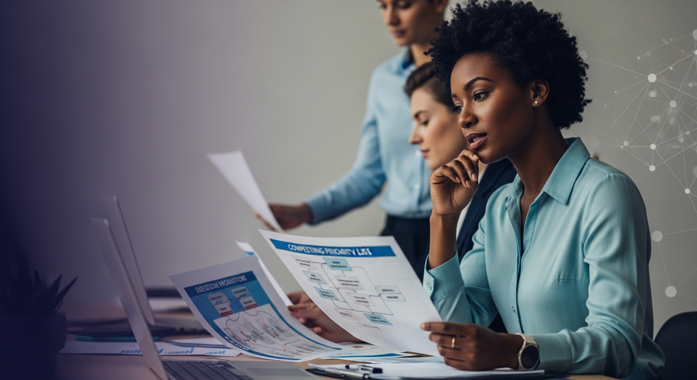 An operations leader and a colleague reviewing printed workflow diagrams, system maps, and competing priority lists in a modern office, with subtle intelligence-architecture overlays