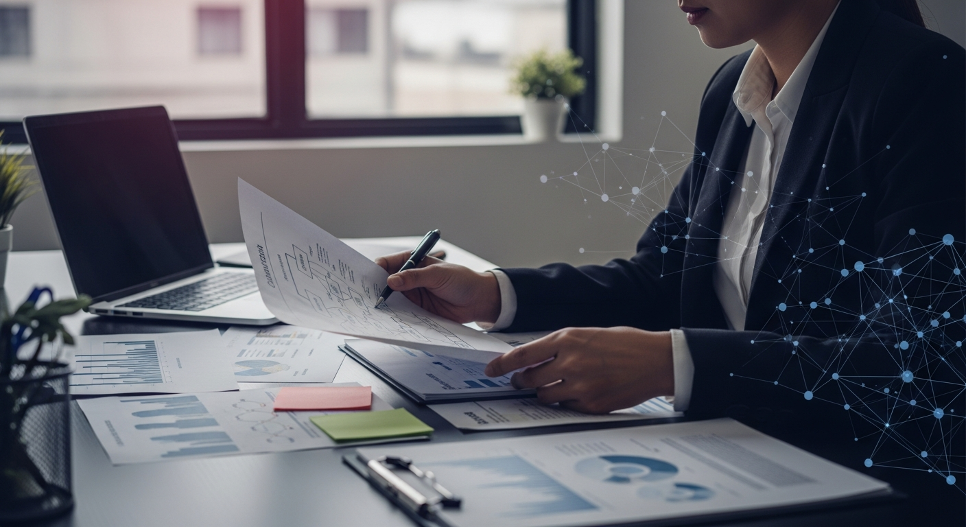 A consultant reviewing client notes, printed workflow maps, and operational documents at a desk, analytical and advisory, with subtle intelligence-architecture overlays