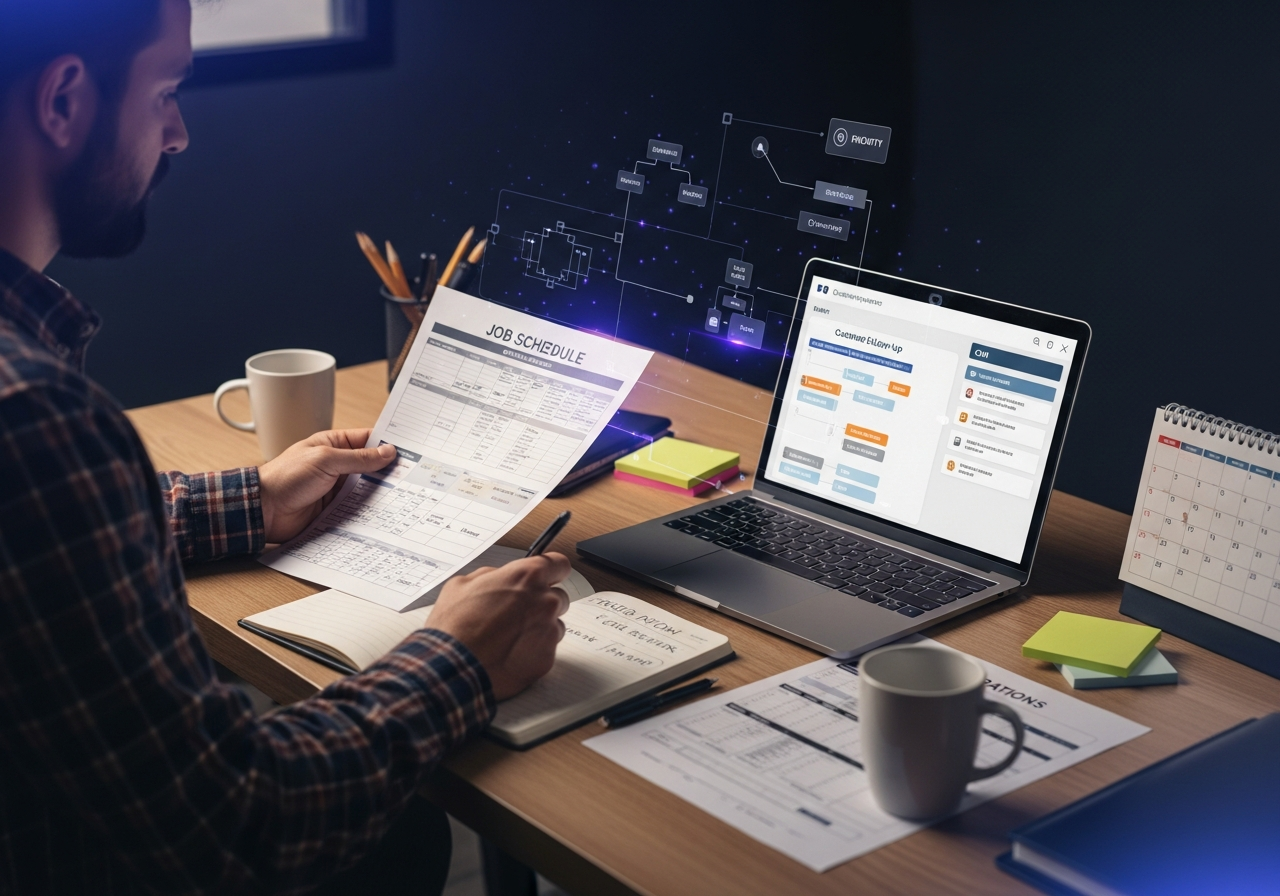 A small business owner at a desk reviewing a printed job schedule, handwritten workflow notes, and a customer follow-up list on a laptop, with subtle intelligence-architecture overlays