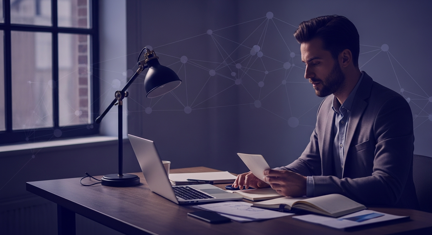 An independent professional working with focused calm in a refined home-office workspace, organizing notes and ideas beside a laptop, with subtle intelligence-architecture overlays