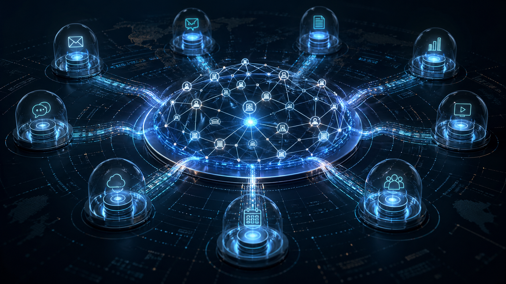 Network of connected AI tools converging into a shared intelligence layer