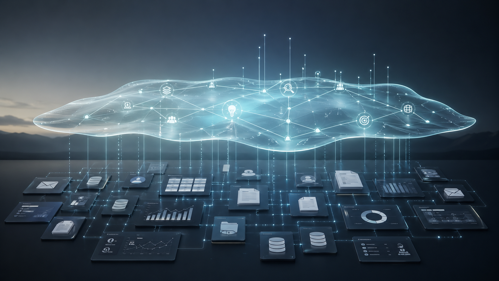 Visualization of a custom intelligence layer connecting business systems, data, and workflows